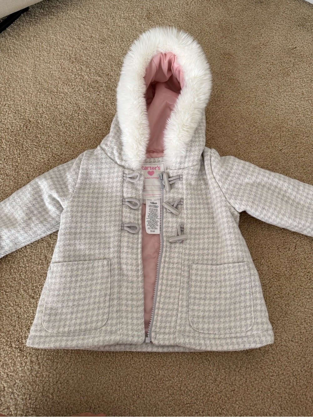 Carter's Cream-and-Gray Houndstooth Toddler Coat with Pink Lining